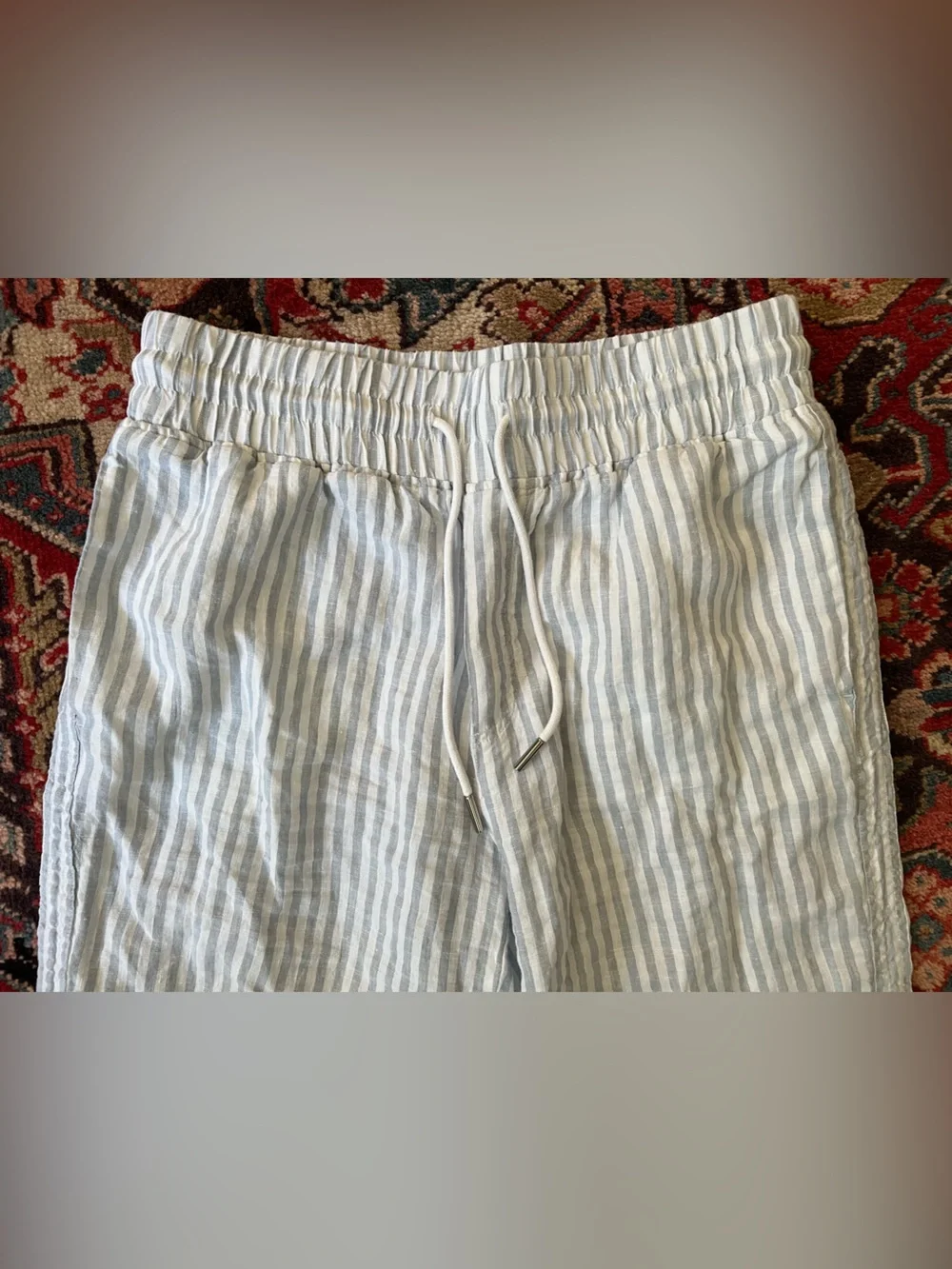 Quince 100% European Linen Wide Leg Pants in Sky blue Mariner Stripes— Large